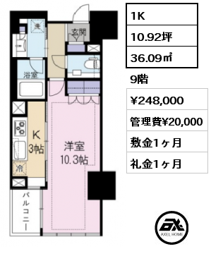 1K 36.09㎡ 9階 賃料¥248,000 管理費¥20,000 敷金1ヶ月 礼金1ヶ月