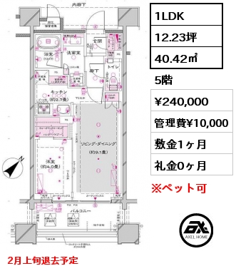 1LDK 40.42㎡ 5階 賃料¥240,000 管理費¥10,000 敷金1ヶ月 礼金0ヶ月 2月上旬退去予定