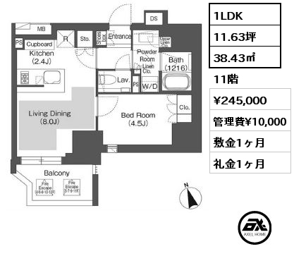 1LDK 38.43㎡ 11階 賃料¥234,000 管理費¥10,000 敷金1ヶ月 礼金1ヶ月 　