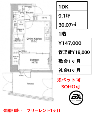 1DK 30.07㎡ 1階 賃料¥147,000 管理費¥18,000 敷金1ヶ月 礼金0ヶ月 楽器相談可　フリーレント1ヶ月