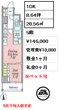 1DK 28.56㎡ 5階 賃料¥146,000 管理費¥10,000 敷金1ヶ月 礼金0ヶ月 9月下旬入居予定