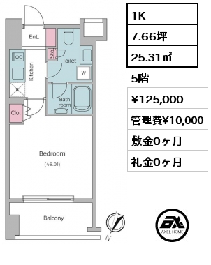 1K 25.31㎡ 5階 賃料¥125,000 管理費¥10,000 敷金0ヶ月 礼金0ヶ月