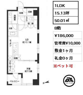 1LDK 50.01㎡ 8階 賃料¥186,000 管理費¥10,000 敷金1ヶ月 礼金0ヶ月