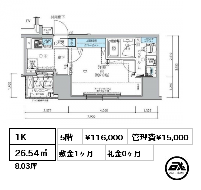 1K 26.54㎡ 5階 賃料¥116,000 管理費¥15,000 敷金1ヶ月 礼金0ヶ月