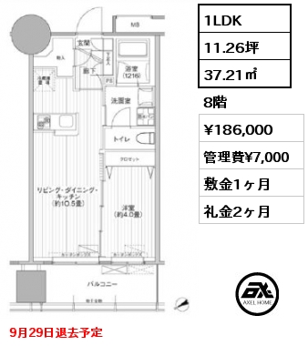 1LDK 37.21㎡ 8階 賃料¥186,000 管理費¥7,000 敷金1ヶ月 礼金2ヶ月 9月29日退去予定