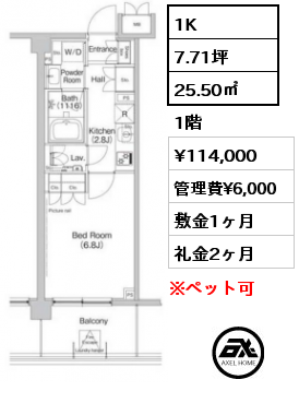 1K 25.50㎡ 1階 賃料¥114,000 管理費¥6,000 敷金1ヶ月 礼金2ヶ月 8月上旬入居予定