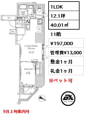1LDK 40.01㎡ 11階 賃料¥197,000 管理費¥13,000 敷金1ヶ月 礼金1ヶ月 9月上旬案内可