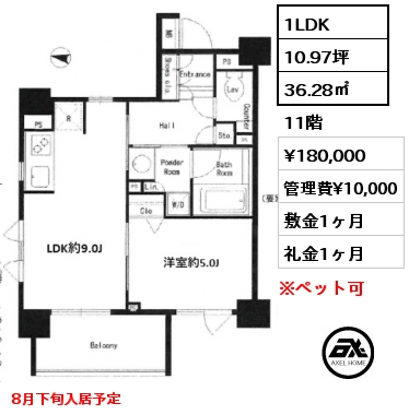 1LDK 36.28㎡ 11階 賃料¥180,000 管理費¥10,000 敷金1ヶ月 礼金1ヶ月 8月下旬入居予定