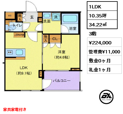 1LDK 34.22㎡ 3階 賃料¥224,000 管理費¥11,000 敷金0ヶ月 礼金1ヶ月 家具家電付き