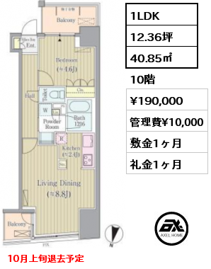 1LDK 40.85㎡ 10階 賃料¥190,000 管理費¥10,000 敷金1ヶ月 礼金1ヶ月 10月上旬退去予定