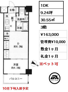 1DK 30.55㎡ 3階 賃料¥163,000 管理費¥10,000 敷金1ヶ月 礼金1ヶ月 10月下旬入居予定