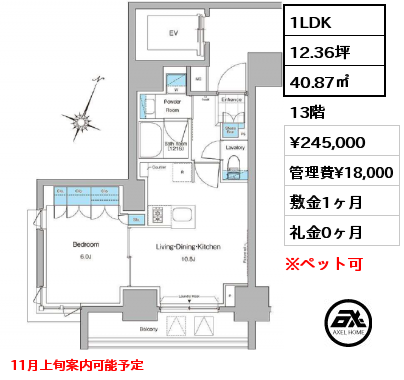 1LDK 40.87㎡ 13階 賃料¥245,000 管理費¥18,000 敷金1ヶ月 礼金0ヶ月 11月上旬案内可能予定