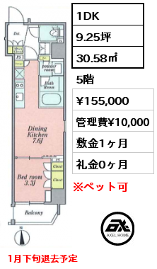 1DK 30.58㎡ 5階 賃料¥155,000 管理費¥10,000 敷金1ヶ月 礼金0ヶ月 1月下旬退去予定