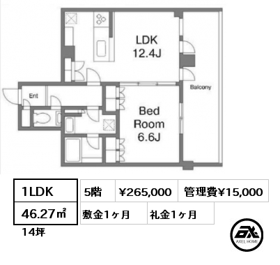 1LDK 46.27㎡ 5階 賃料¥265,000 管理費¥15,000 敷金1ヶ月 礼金1ヶ月