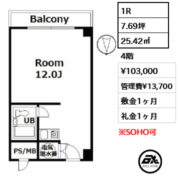 1R 25.42㎡  賃料¥103,000 管理費¥13,700 敷金1ヶ月 礼金1ヶ月