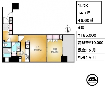 1LDK 46.60㎡ 4階 賃料¥185,000 管理費¥10,000 敷金1ヶ月 礼金1ヶ月