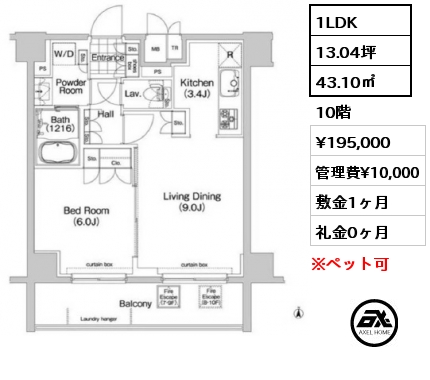 1LDK 43.10㎡ 10階 賃料¥195,000 管理費¥10,000 敷金1ヶ月 礼金0ヶ月