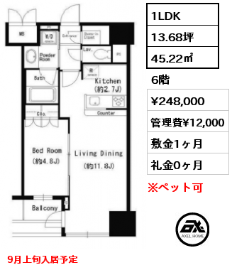 1LDK 45.22㎡ 6階 賃料¥248,000 管理費¥12,000 敷金1ヶ月 礼金0ヶ月 9月上旬入居予定