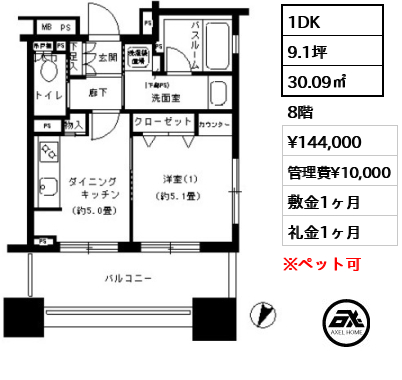 1DK 30.09㎡  賃料¥144,000 管理費¥10,000 敷金1ヶ月 礼金1ヶ月 3月下旬入居予定