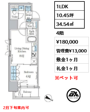 1LDK 34.54㎡  賃料¥180,000 管理費¥13,000 敷金1ヶ月 礼金1ヶ月 2月下旬案内可