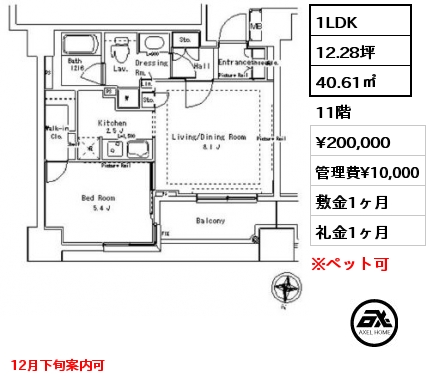 1LDK 40.61㎡ 11階 賃料¥200,000 管理費¥10,000 敷金1ヶ月 礼金1ヶ月 12月下旬案内可