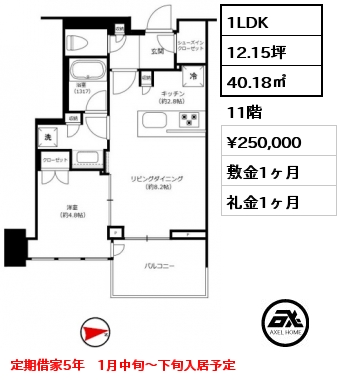 1LDK 40.18㎡ 11階 賃料¥250,000 敷金1ヶ月 礼金1ヶ月 定期借家5年　1月中旬～下旬入居予定