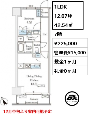 1LDK 42.54㎡ 7階 賃料¥225,000 管理費¥15,000 敷金1ヶ月 礼金0ヶ月 12月中旬より案内可能予定