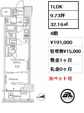 1LDK 32.16㎡ 4階 賃料¥191,000 管理費¥15,000 敷金1ヶ月 礼金0ヶ月 　