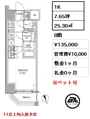 1K 25.30㎡ 8階 賃料¥135,000 管理費¥10,000 敷金1ヶ月 礼金0ヶ月 11月上旬入居予定