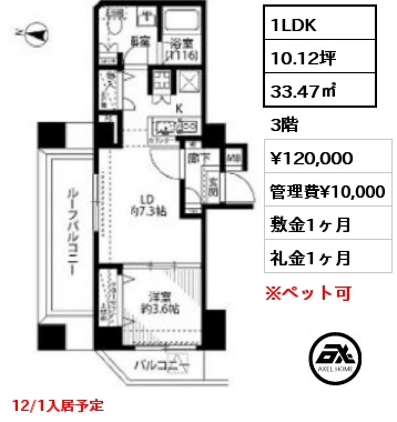 1LDK 33.47㎡ 3階 賃料¥120,000 管理費¥10,000 敷金1ヶ月 礼金1ヶ月 12/1入居予定