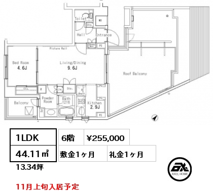 1LDK 44.11㎡ 6階 賃料¥255,000 敷金1ヶ月 礼金1ヶ月 11月上旬入居予定