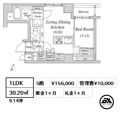 1LDK 30.20㎡ 5階 賃料¥156,000 管理費¥10,000 敷金1ヶ月 礼金1ヶ月