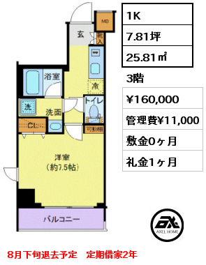 1K 25.81㎡ 3階 賃料¥160,000 管理費¥11,000 敷金0ヶ月 礼金1ヶ月 8月下旬退去予定　定期借家2年