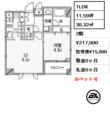 1LDK 38.32㎡ 2階 賃料¥217,000 管理費¥15,000 敷金0ヶ月 礼金0ヶ月