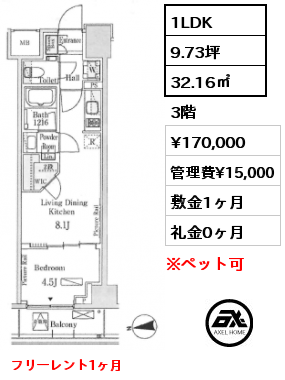 1LDK 32.16㎡ 3階 賃料¥170,000 管理費¥15,000 敷金1ヶ月 礼金0ヶ月 フリーレント1ヶ月