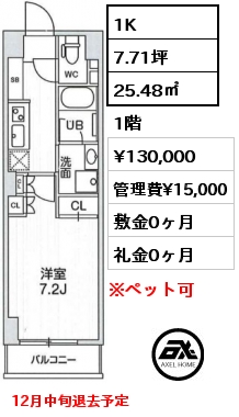 1K 25.48㎡ 1階 賃料¥130,000 管理費¥15,000 敷金0ヶ月 礼金0ヶ月 12月中旬退去予定