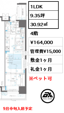 1LDK 30.92㎡ 4階 賃料¥164,000 管理費¥15,000 敷金1ヶ月 礼金1ヶ月 9月中旬入居予定