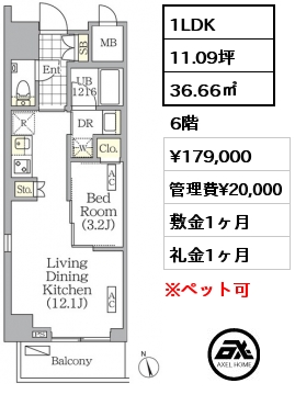 1LDK 36.66㎡ 6階 賃料¥179,000 管理費¥20,000 敷金1ヶ月 礼金1ヶ月