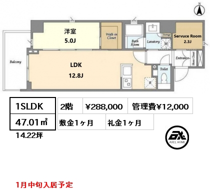 1SLDK 47.01㎡ 2階 賃料¥288,000 管理費¥12,000 敷金1ヶ月 礼金1ヶ月 1月中旬入居予定