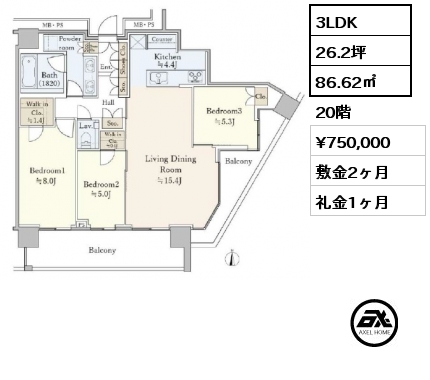 3LDK 86.62㎡ 20階 賃料¥750,000 敷金2ヶ月 礼金1ヶ月