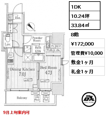 1DK 33.84㎡ 8階 賃料¥172,000 管理費¥10,000 敷金1ヶ月 礼金1ヶ月 9月上旬案内可