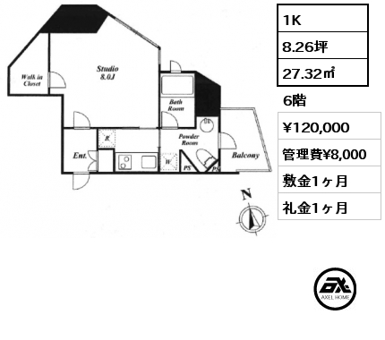 1K 27.32㎡ 6階 賃料¥120,000 管理費¥8,000 敷金1ヶ月 礼金1ヶ月