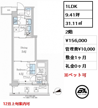 1LDK 31.11㎡ 2階 賃料¥156,000 管理費¥10,000 敷金1ヶ月 礼金0ヶ月 12月上旬案内可