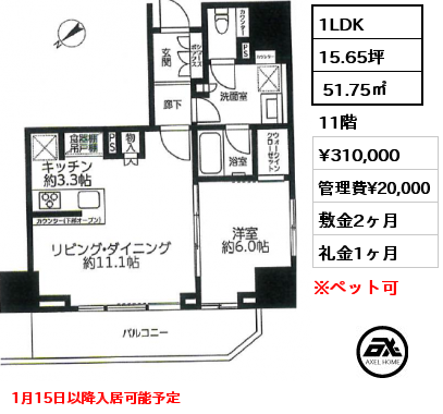 1LDK  51.75㎡ 11階 賃料¥310,000 管理費¥20,000 敷金2ヶ月 礼金1ヶ月 1月15日以降入居可能予定