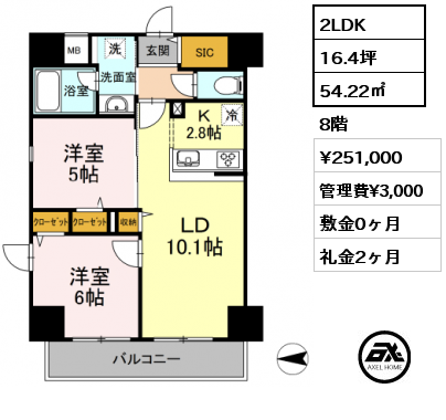 2LDK 54.22㎡ 8階 賃料¥251,000 管理費¥3,000 敷金0ヶ月 礼金2ヶ月