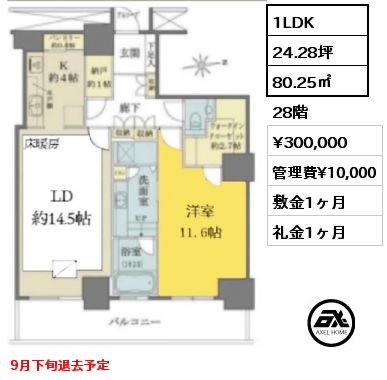 1LDK 80.25㎡ 28階 賃料¥300,000 管理費¥10,000 敷金1ヶ月 礼金1ヶ月 9月下旬退去予定