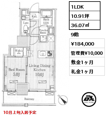 1LDK 36.07㎡ 9階 賃料¥184,000 管理費¥10,000 敷金1ヶ月 礼金1ヶ月 10月上旬入居予定