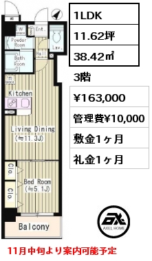 1LDK 38.42㎡ 3階 賃料¥155,000 管理費¥10,000 敷金1ヶ月 礼金1ヶ月 11月中旬より案内可能予定