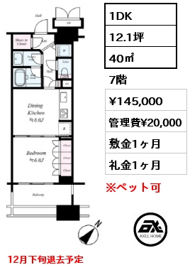 1DK 40㎡ 7階 賃料¥145,000 管理費¥20,000 敷金1ヶ月 礼金1ヶ月 12月下旬退去予定