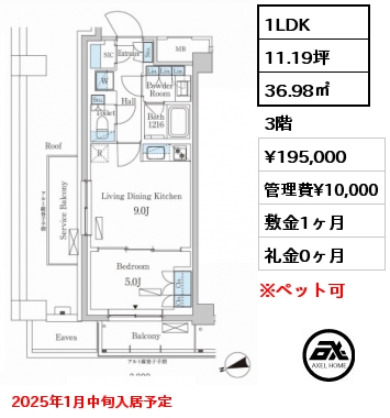 1LDK 36.98㎡ 3階 賃料¥195,000 管理費¥10,000 敷金1ヶ月 礼金0ヶ月 2025年1月中旬入居予定